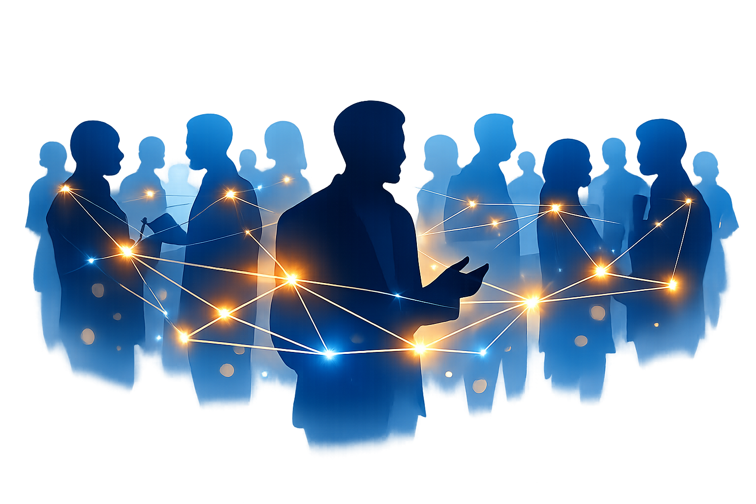 Transparent background A modern digital graphic of a person silhouette networking at an event in the middle of other people silhouettes but no faces C-1
