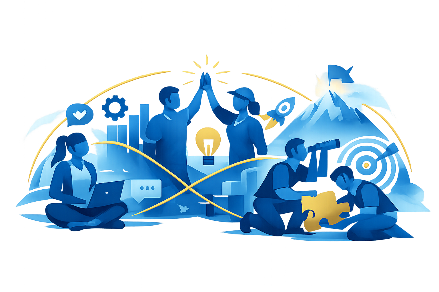 Transparent background A tech team working towards a big goal connected by strong bonds but no faces Digital graphic shades of blue with golden highli-1 Transparent background A tech team working towards a big goal connected by strong bonds but no faces Digital graphic shades of blue with golden highli-1